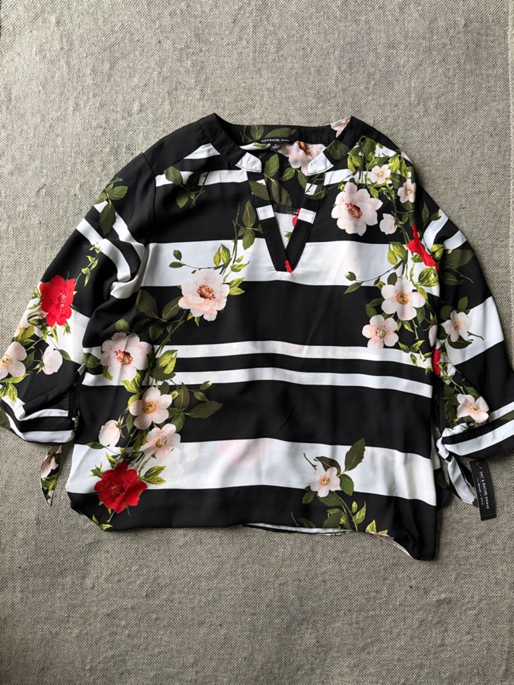 Zac & Rachel Black and White Striped Floral Notch-Neck Blouse